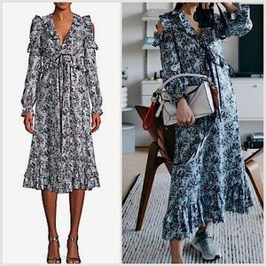 ROBERT RODRIGUEZ Cold‎ Shoulder Ruffles Floral Silk Midi Dress Size 8